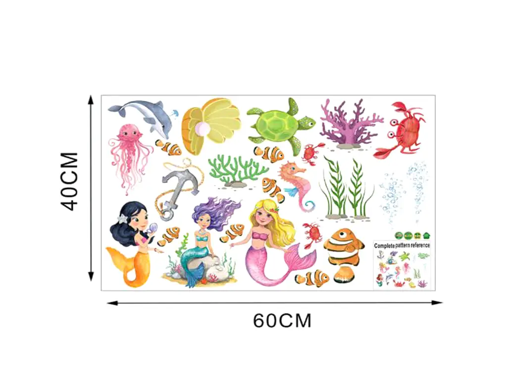Set 24 stickere faianţă baie, Folina, model sirene şi peştisori coloraţi