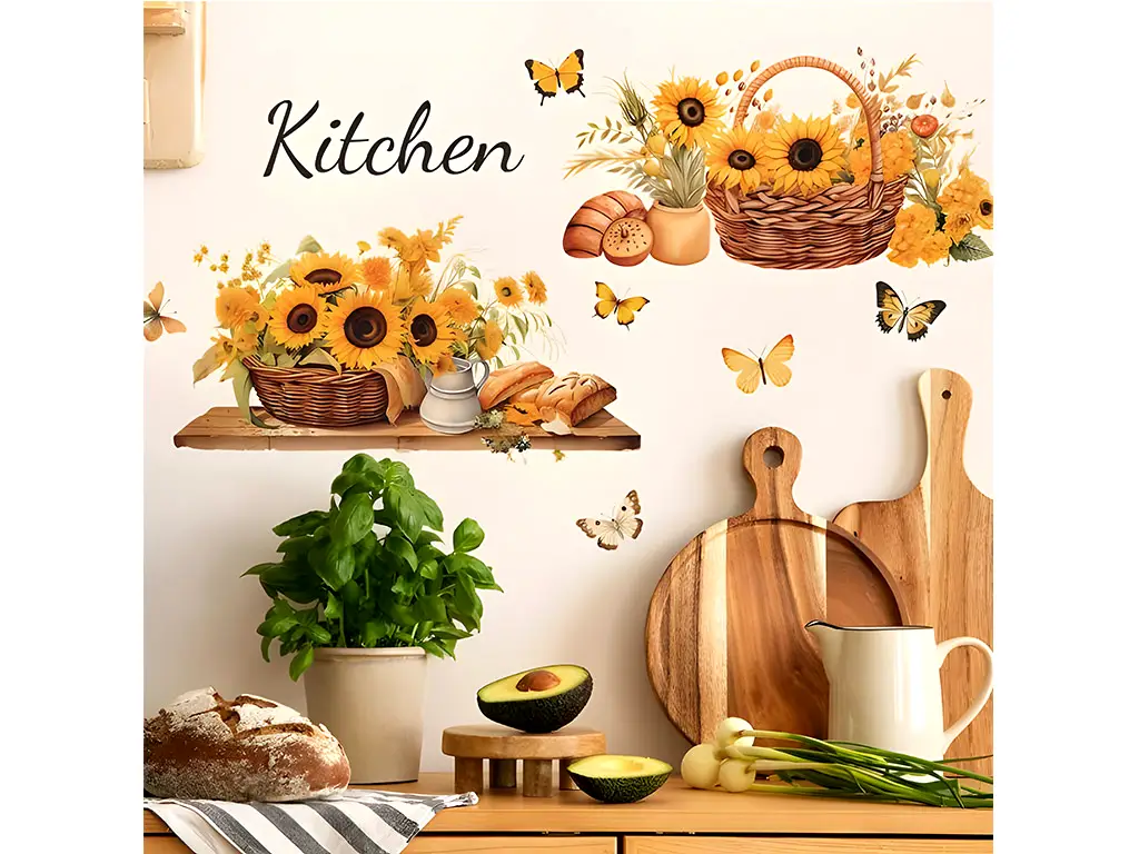 Stickere bucătărie, decor cu floarea soarelui în stil rustic, 2 planşe de 60x30cm