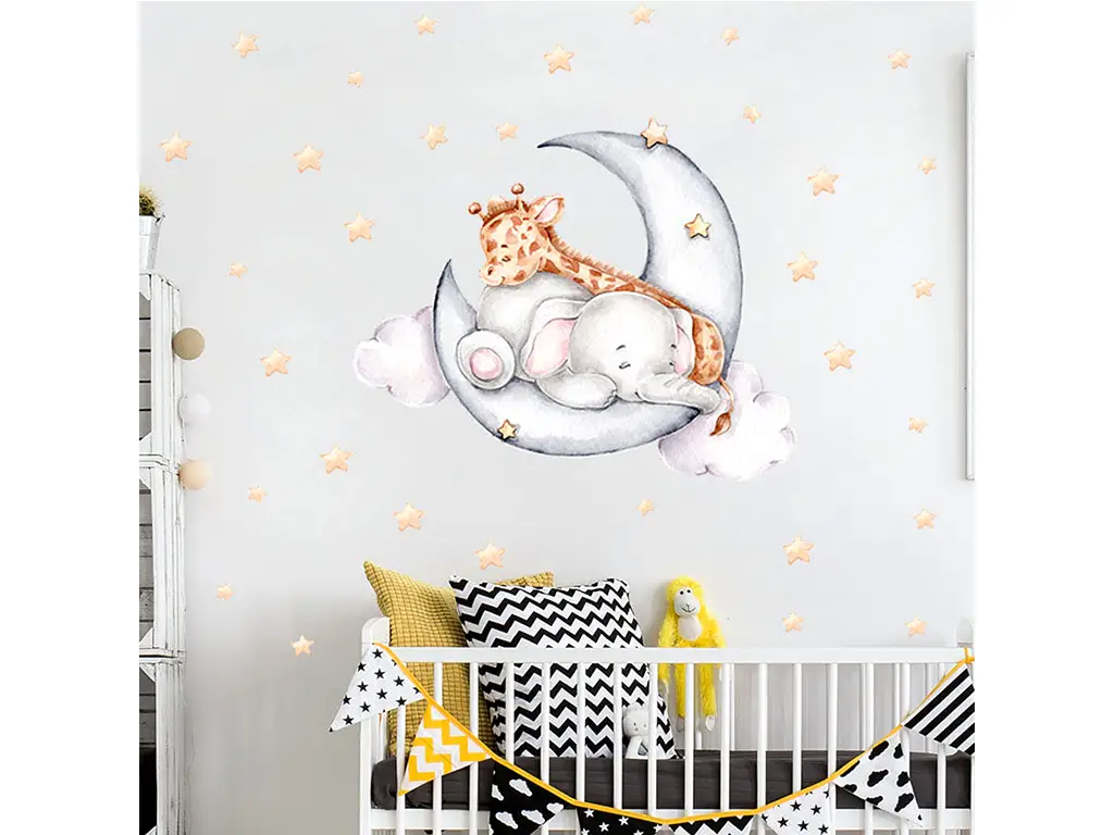 Stickere cameră bebe, girafa şi elefantul somnoros, decor cu lună şi steluţe