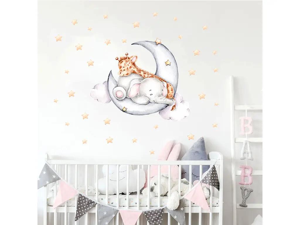 Stickere cameră bebe, girafa şi elefantul somnoros, decor cu lună şi steluţe