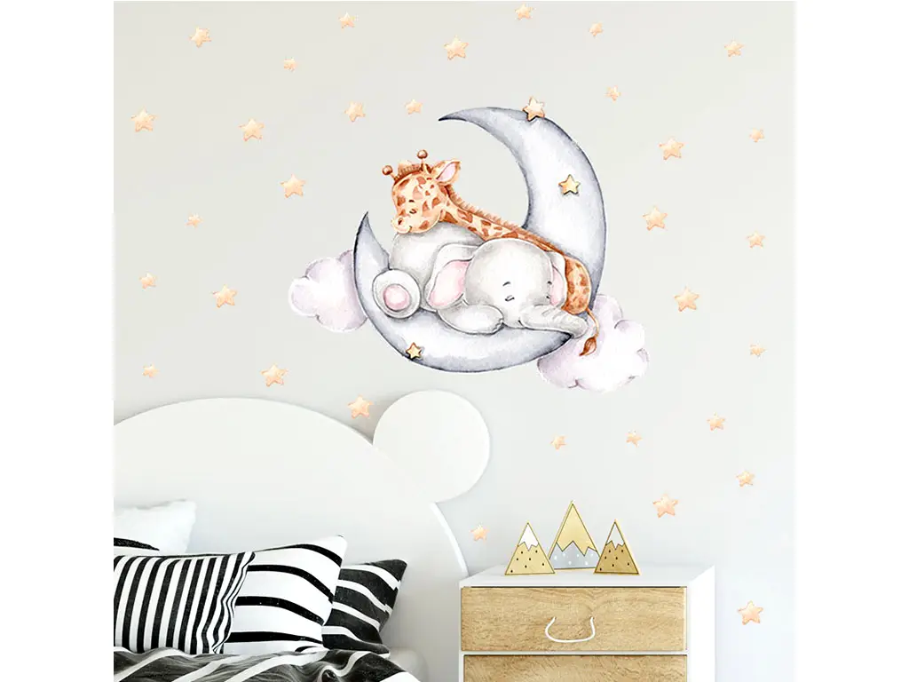 Stickere cameră bebe, girafa şi elefantul somnoros, decor cu lună şi steluţe