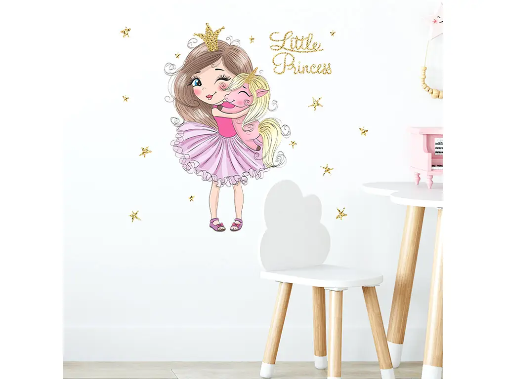 Sticker cameră fete, mica prinţesă cu unicorn roz