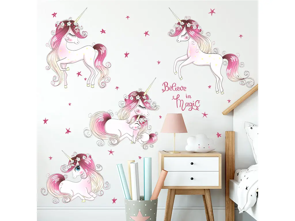 Set 4 stickere unicorni roz, decor cameră fete