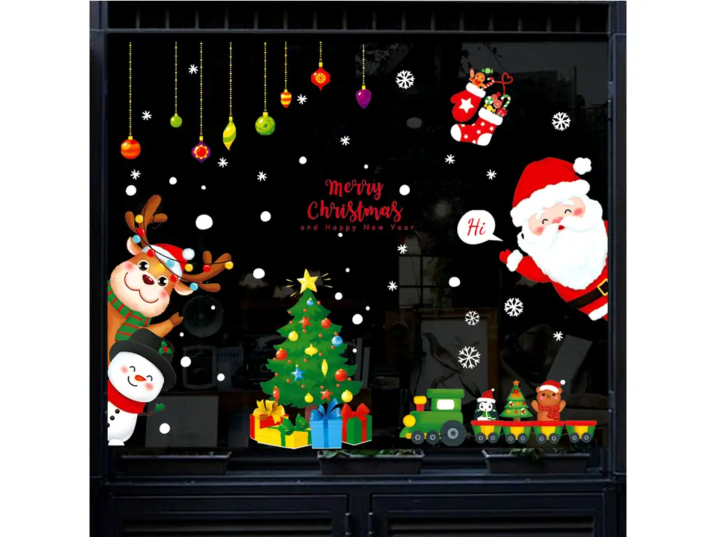 Sticker Crăciun, decor colorat cu Moş Crăciun, ren şi brăduţ