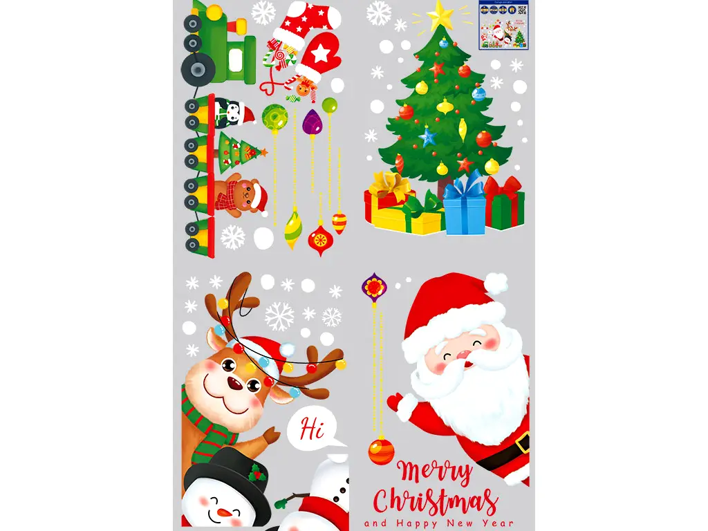 Sticker Crăciun, decor colorat cu Moş Crăciun, ren şi brăduţ