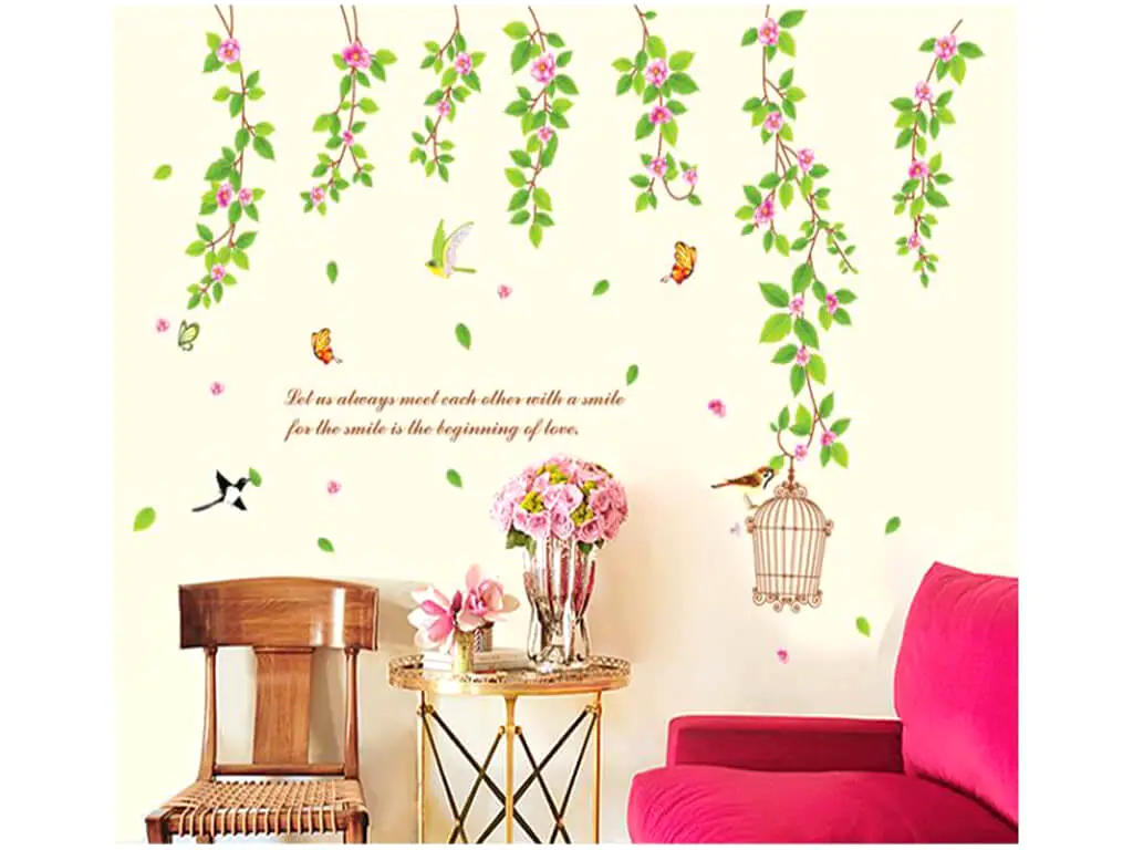 Stickere perete, Folina, crengi verzi cu flori roz