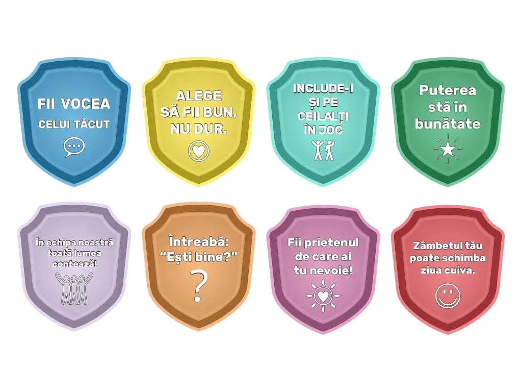 Set 8 stickere educative cu mesaje, Eroii prieteniei, pentru decor sală de clasă