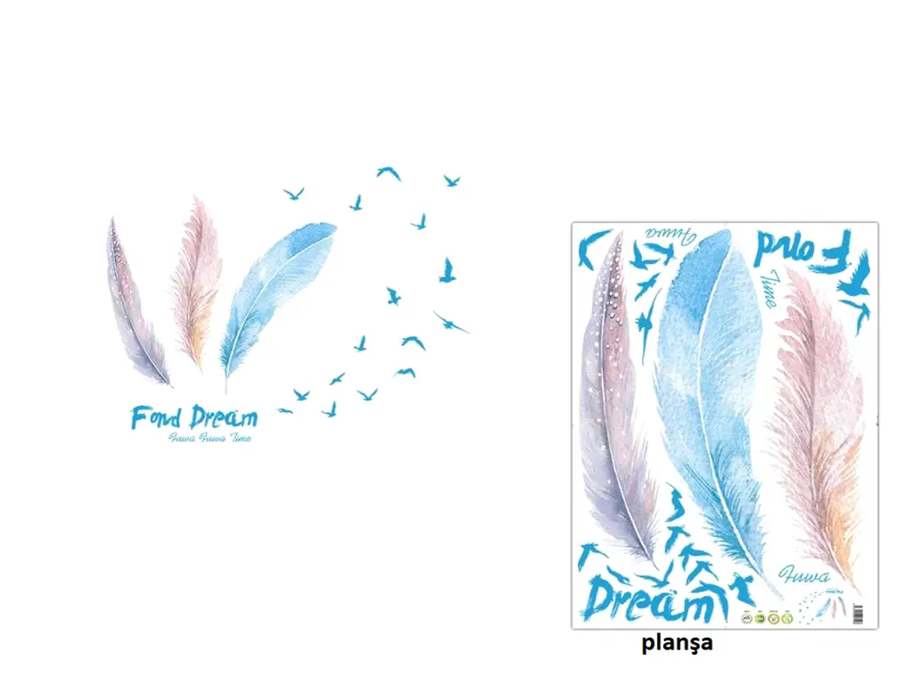 Sticker decorativ Dream, pene în nuanţe pastel şi păsări