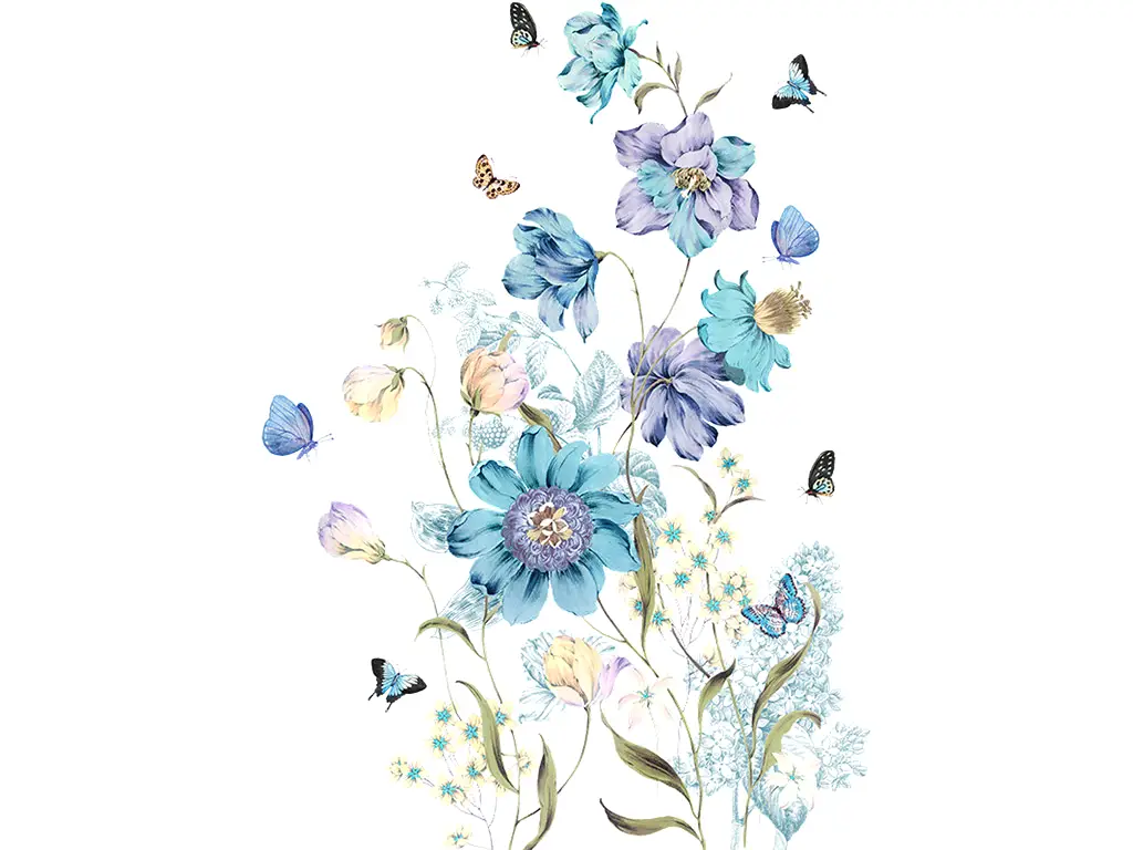 Stickere flori şi fluturi, decor albastru pentru perete şi mobilă