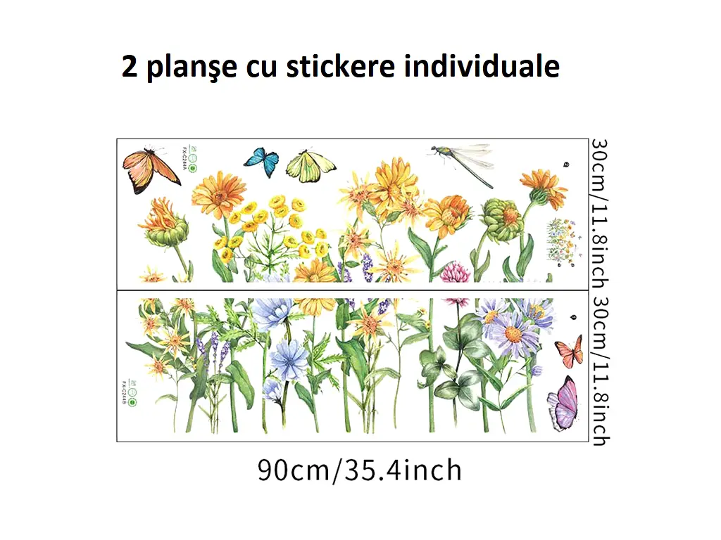 Sticker tip bordură decorativă cu flori de câmp galbene şi fluturi, pentru perete sau geam, 60x85 cm