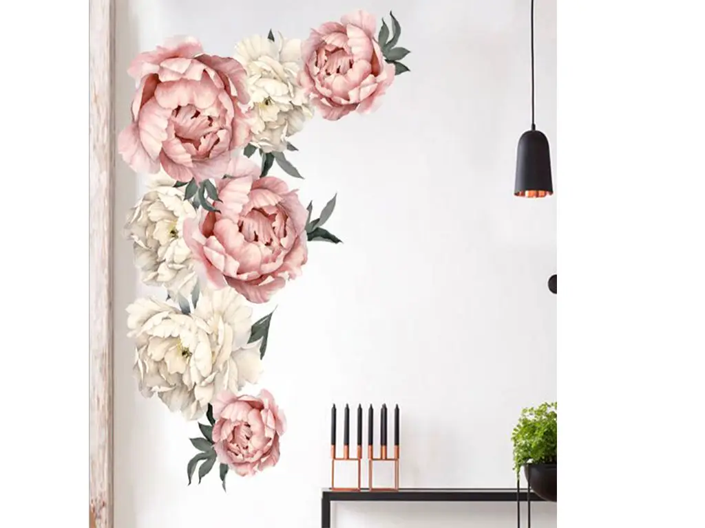 Stickere flori, Folina, decor bujori roz şi crem - 70x45 cm
