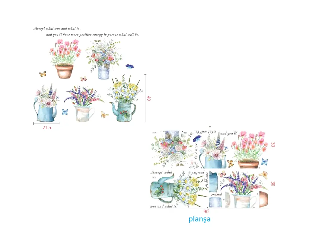 Set 5 stickere Flori în vase colorate, Folina ZDB2255, decor cu flori şi fluturi