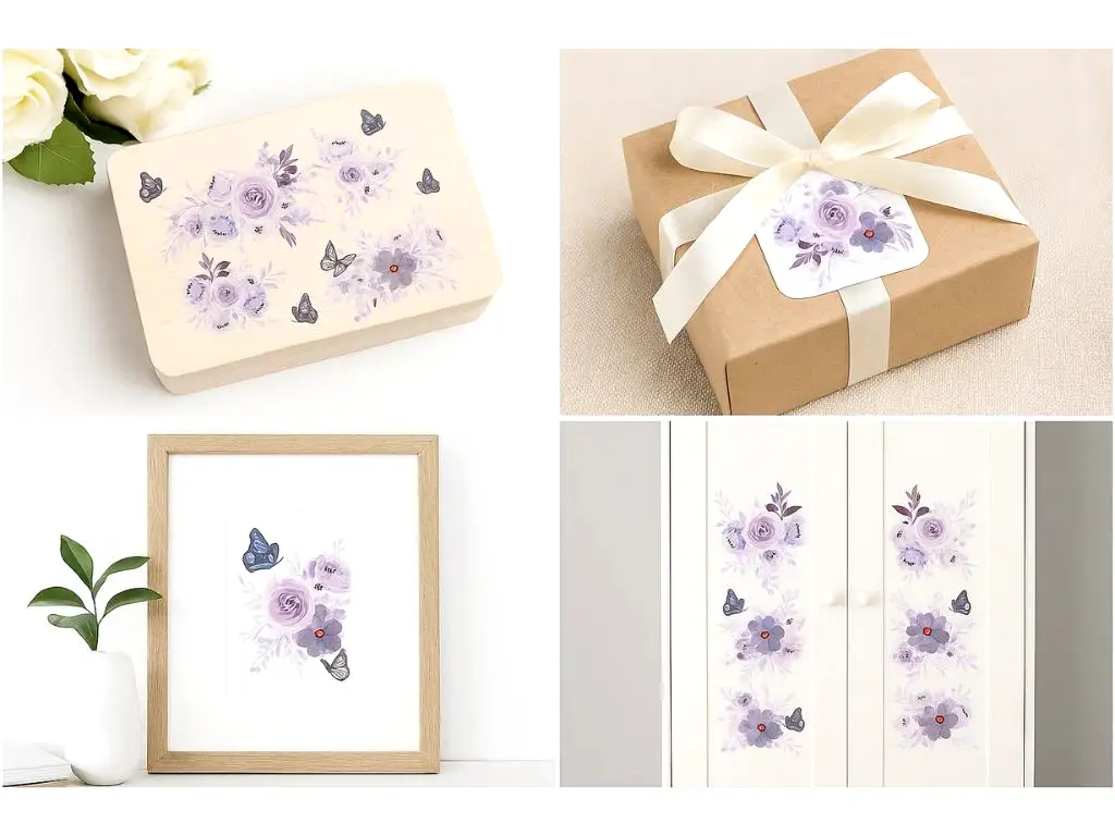 Set 4 stickere flori lila şi fluturi, decoraţiune pentru perete şi mobilă