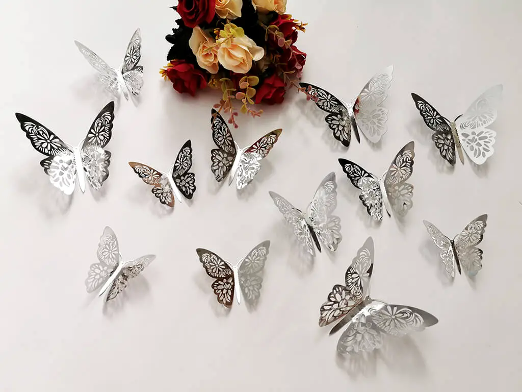 Stickere Fluturi argintii Elina, Folina, efect 3D - set 12 bucăţi