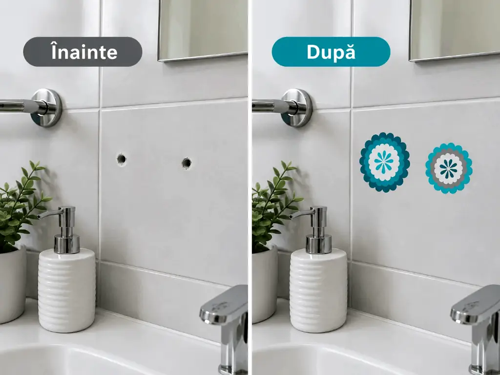 Set 24 stickere pentru acoperirea găurilor din faianță și perete, rozete turcoaz, 4–15 cm