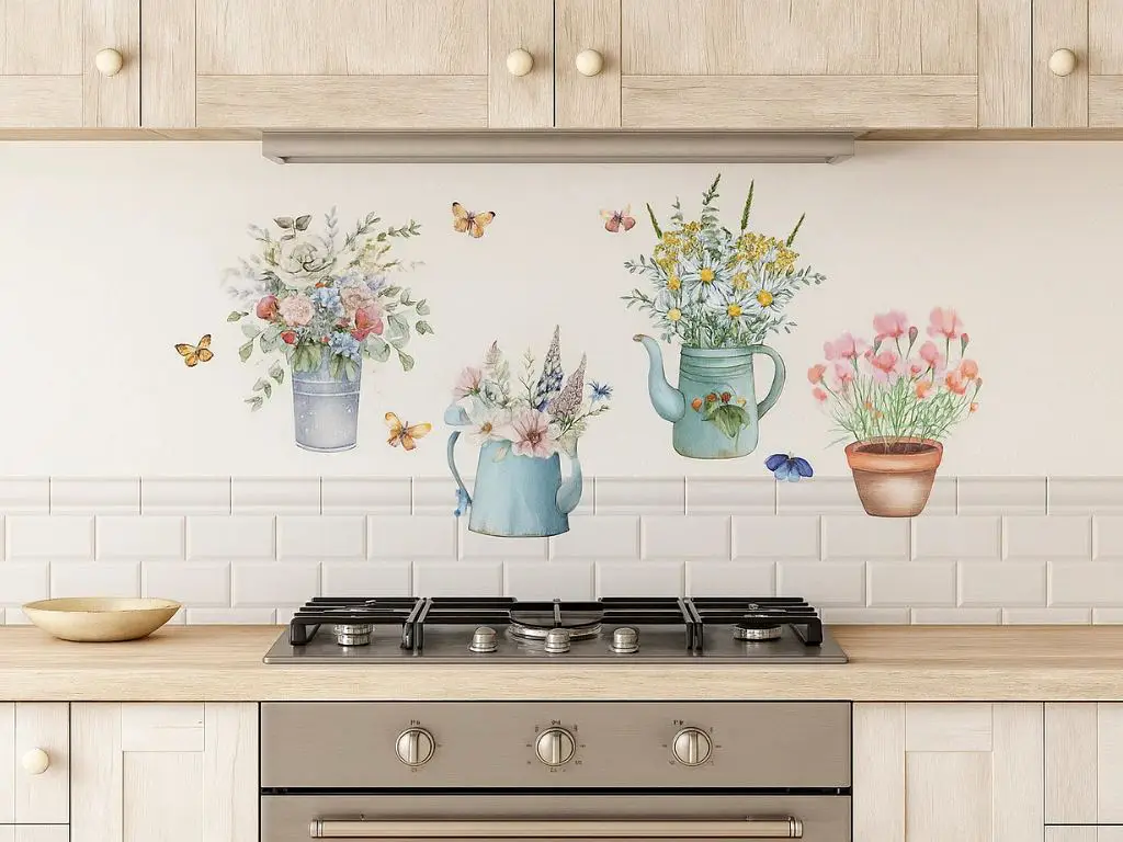 Set 5 stickere Flori în vase colorate, Folina ZDB2255, decor cu flori şi fluturi