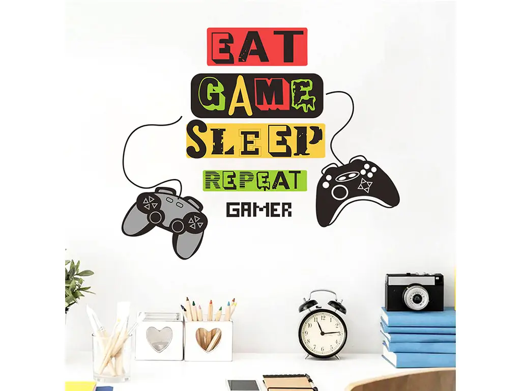 Sticker decorativ Eat, Game, Sleep, Repeat – pentru camere de tineret, spații de joacă, 30x60 cm