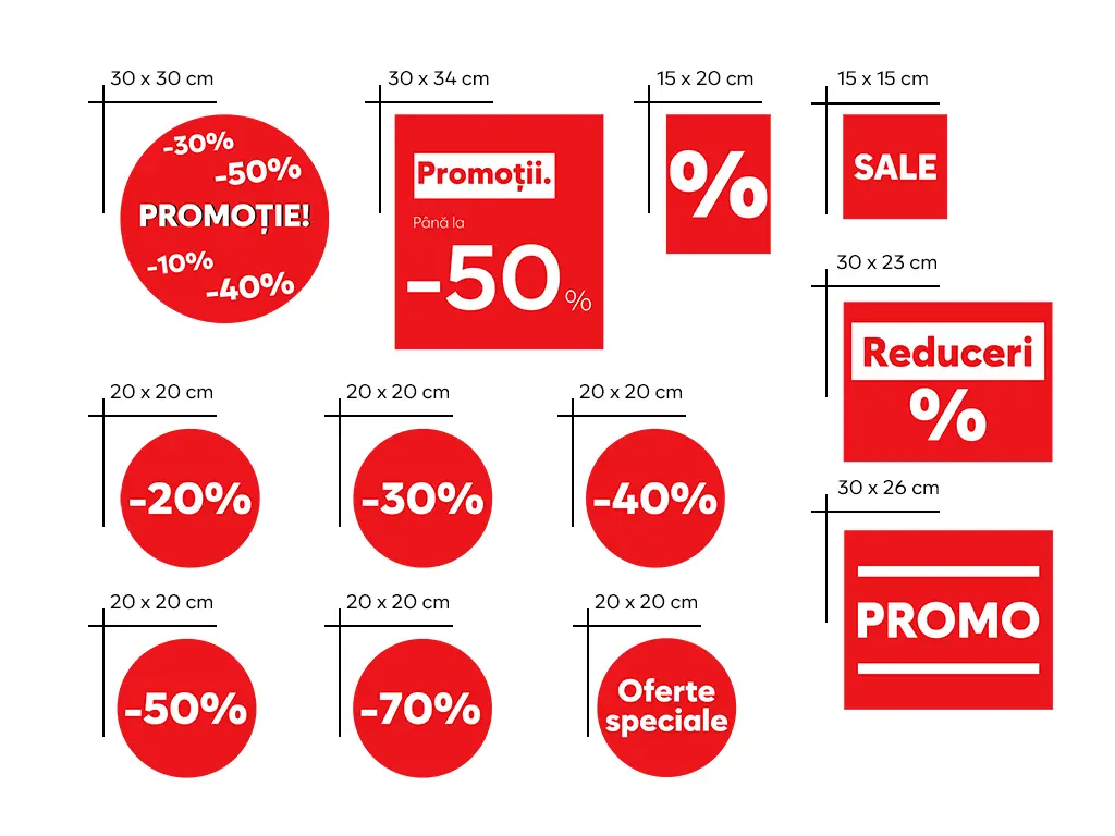 Set 12 stickere repoziționabile pentru reduceri promoționale, culoare roșie, Folina, racletă aplicare inclusă