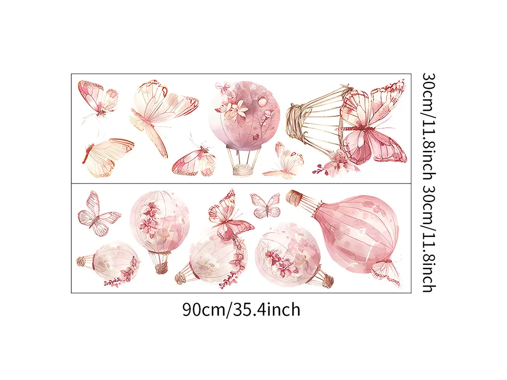 Stickere cameră fetiţă, fluturi şi baloane cu aer cald, decor perete şi mobilă, 2 planşe de 90x30 cm