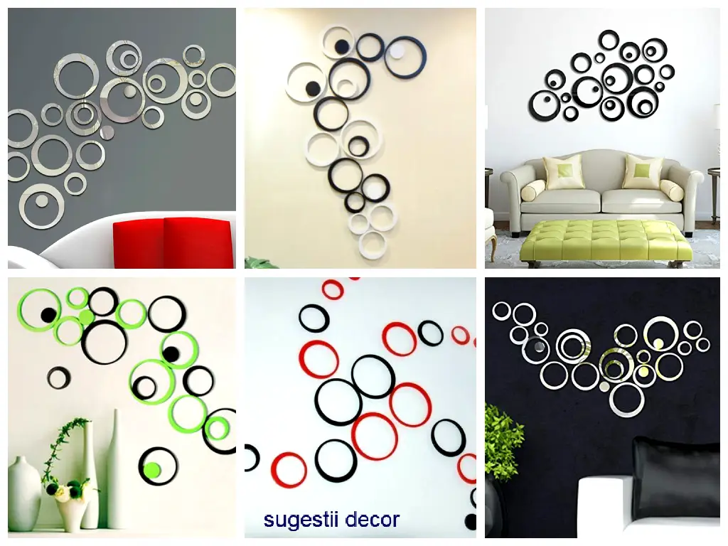Set 24 stickere cercuri negre, decoraţiune perete din plexiglass negru lucios