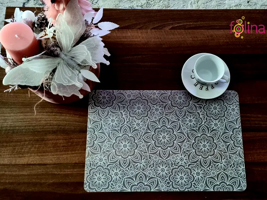 Suport farfurii masă Sienna, d-c-fix, PVC transparent cu floral, alb, 29 x 44 cm
