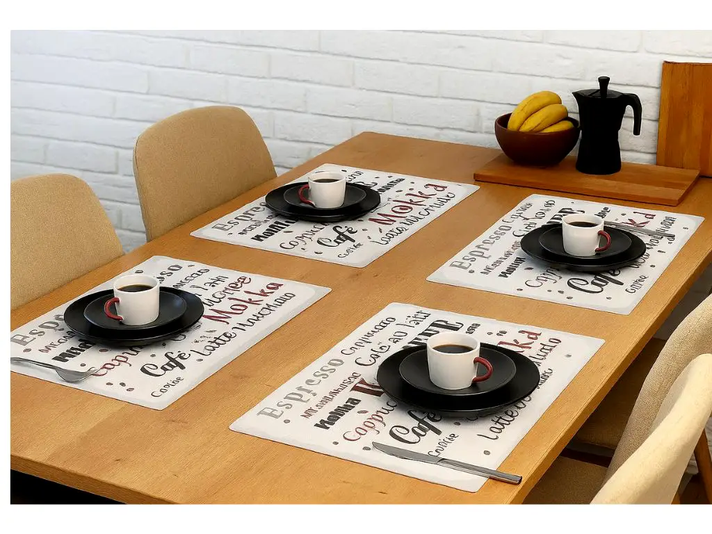 Suport farfurie masă Barista, d-c-fix, din pvc alb cu imprimeu cuvinte maro, 44 x 29 cm