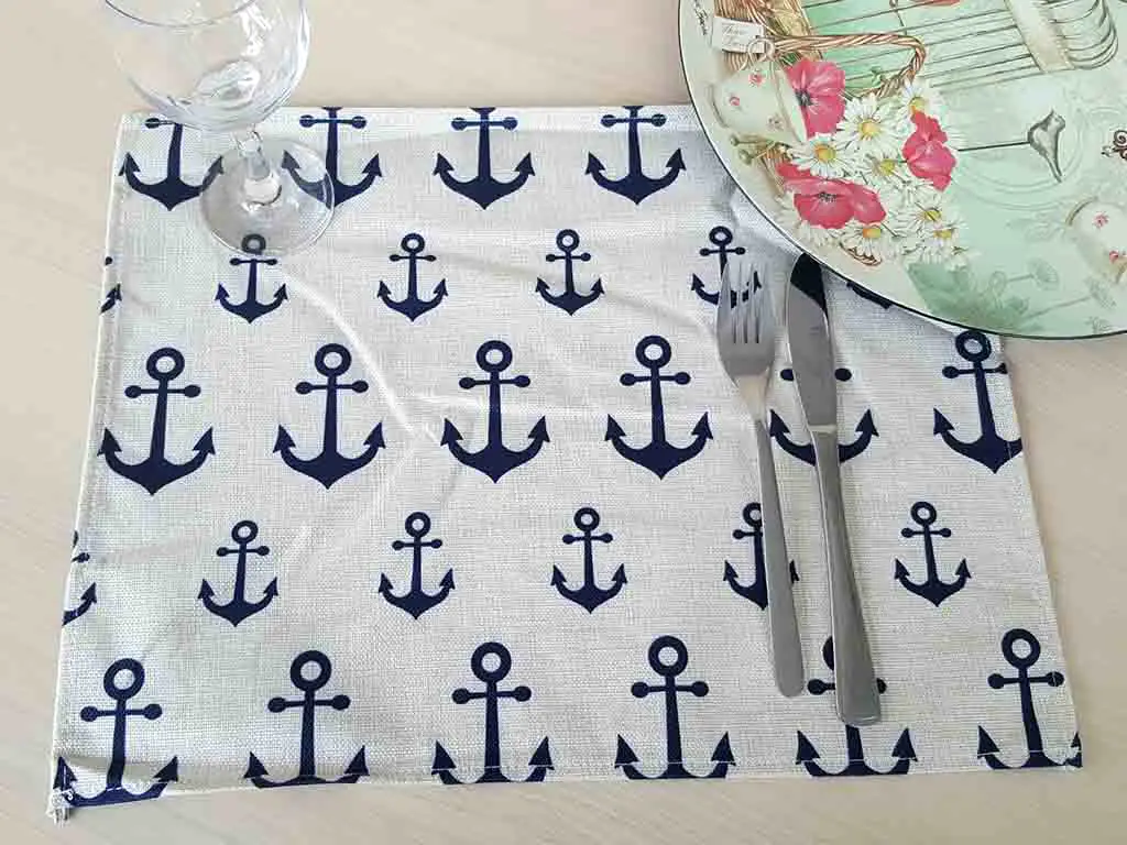 Set 4 Suport farfurie textil, Folina, imprimeu cu ancore albastre, 42 x 30 cm