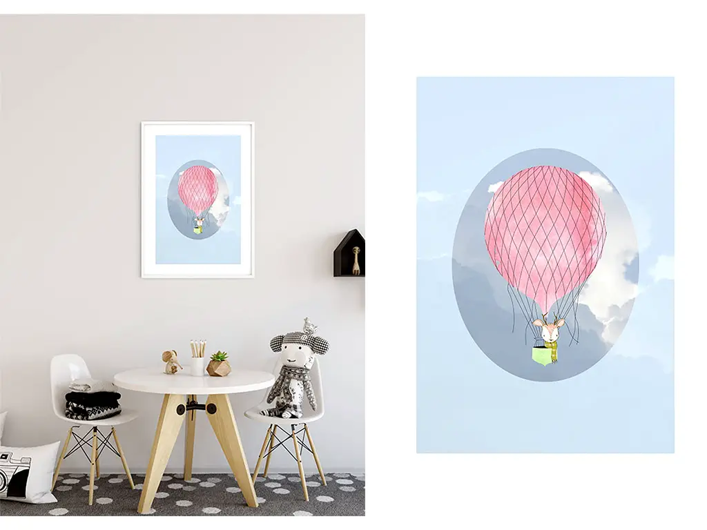 Tablou cameră copii, Komar Happy Balloon Blue, în ramă din lemn alb şi protecţie din plexiglass, 30x40 cm