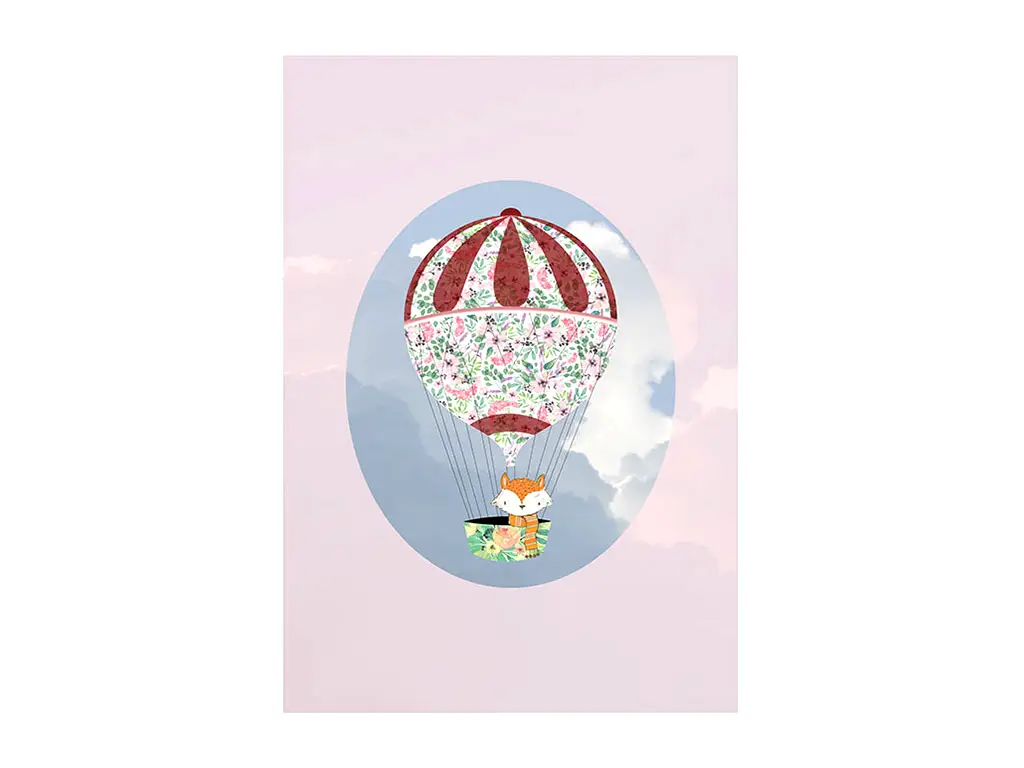 Tablou cameră copii, Komar Happy Balloon Pink, în ramă din lemn alb şi protecţie din plexiglass, 30x40 cm