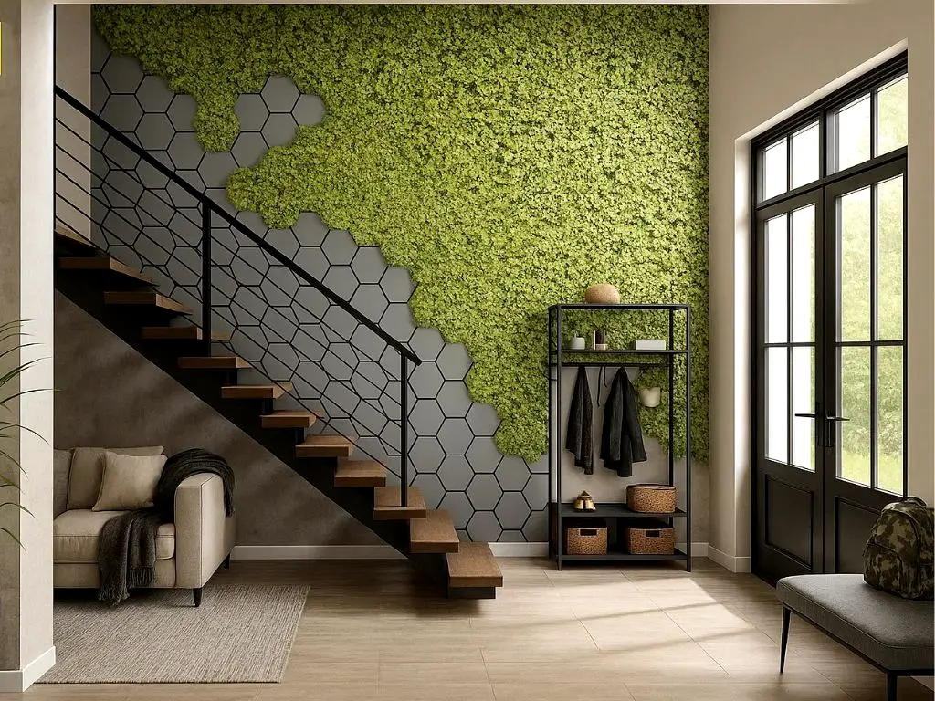 Fototapet 3D Green Vertical Garden, hexagoane gri si plante verzi, 400x260 cm