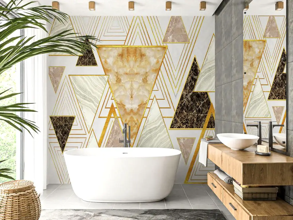 Tapet baie rezistent la apă, Gold, model geometric marmorat cu accente aurii