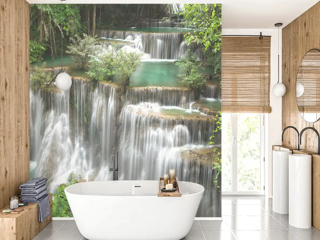 Tapet baie peisaj natural cu cascadă tropicală – material premium rezistent la apă