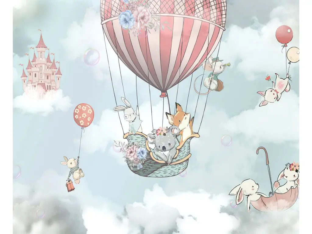 Fototapet copii balon în zbor cu animale și castel roz – decor de basm, vlies, dimensiuni personalizabile