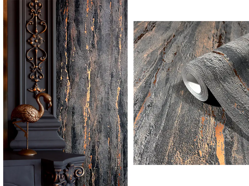 Tapet imitaţie decorativă gri închis cu detalii bronz, Marburg City Romance 35156, 0.53x10 metri