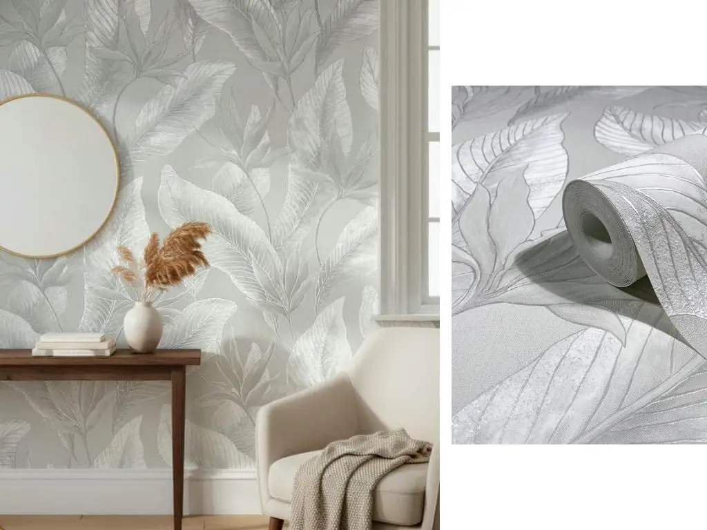 Tapet premium Marburg Whisper 36463 - gri deschis cu frunze tropicale