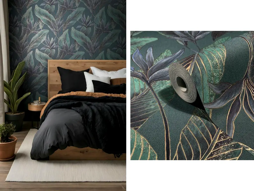 Tapet premium Marburg Whisper 36466 - decor perete accent verde cu frunze tropicale cu detalii aurii