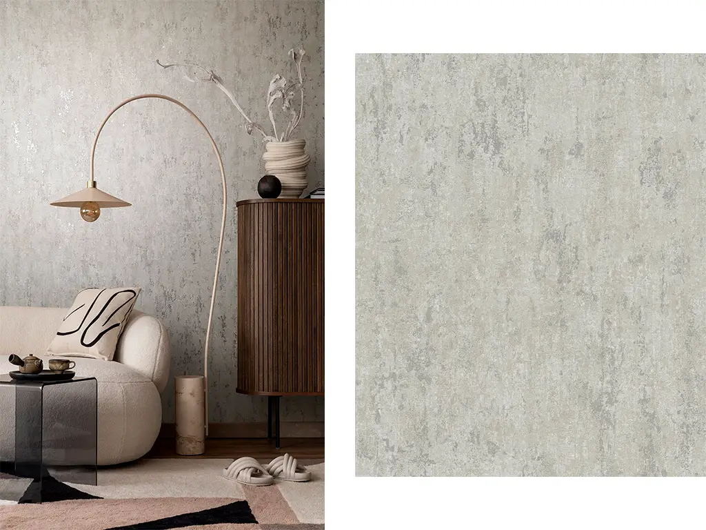 Tapet imitaţie decorativă bej nisipiu cu detalii metalice argintii, Marburg City Romance 35123, 0.53x10 metri