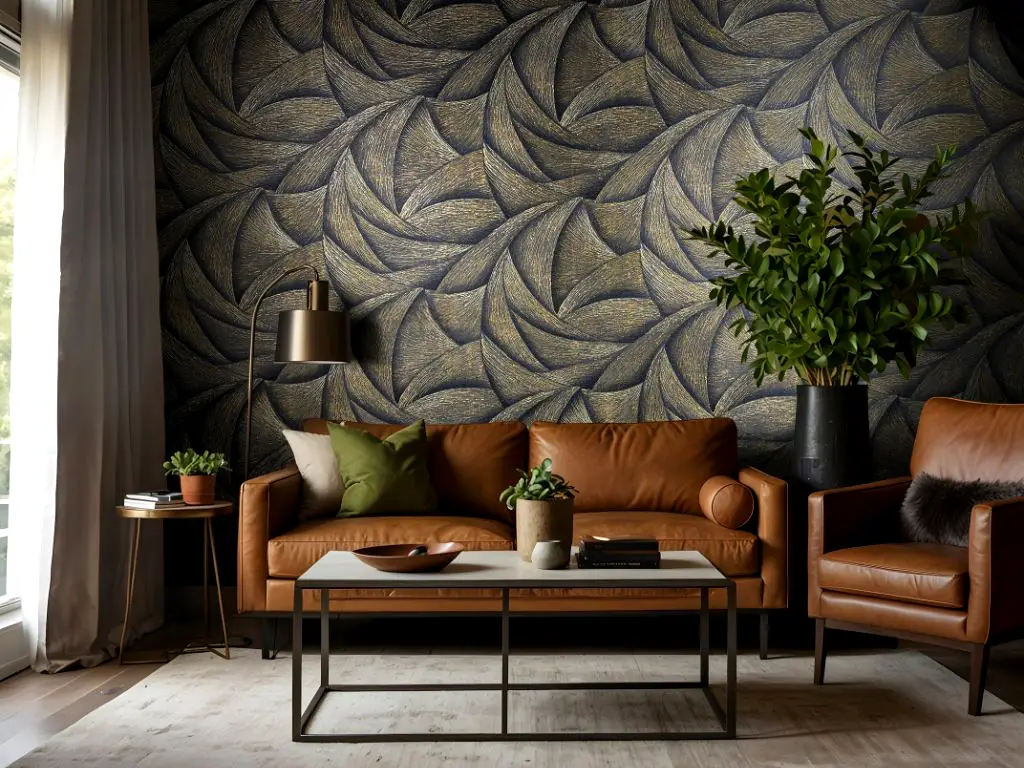 Tapet imitație decorativă neagră cu detalii geometrice aurii, Marburg Ritus 35506, textură în relief, vlies, rolă de 0.53x10 metri