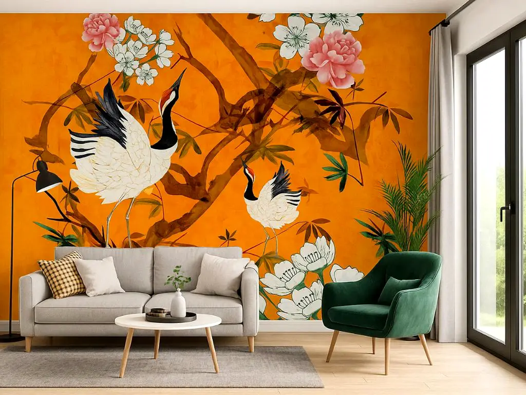 Fototapet vlies Marburg Falina – model chinoiserie portocaliu cu păsări și flori - 265x270 cm