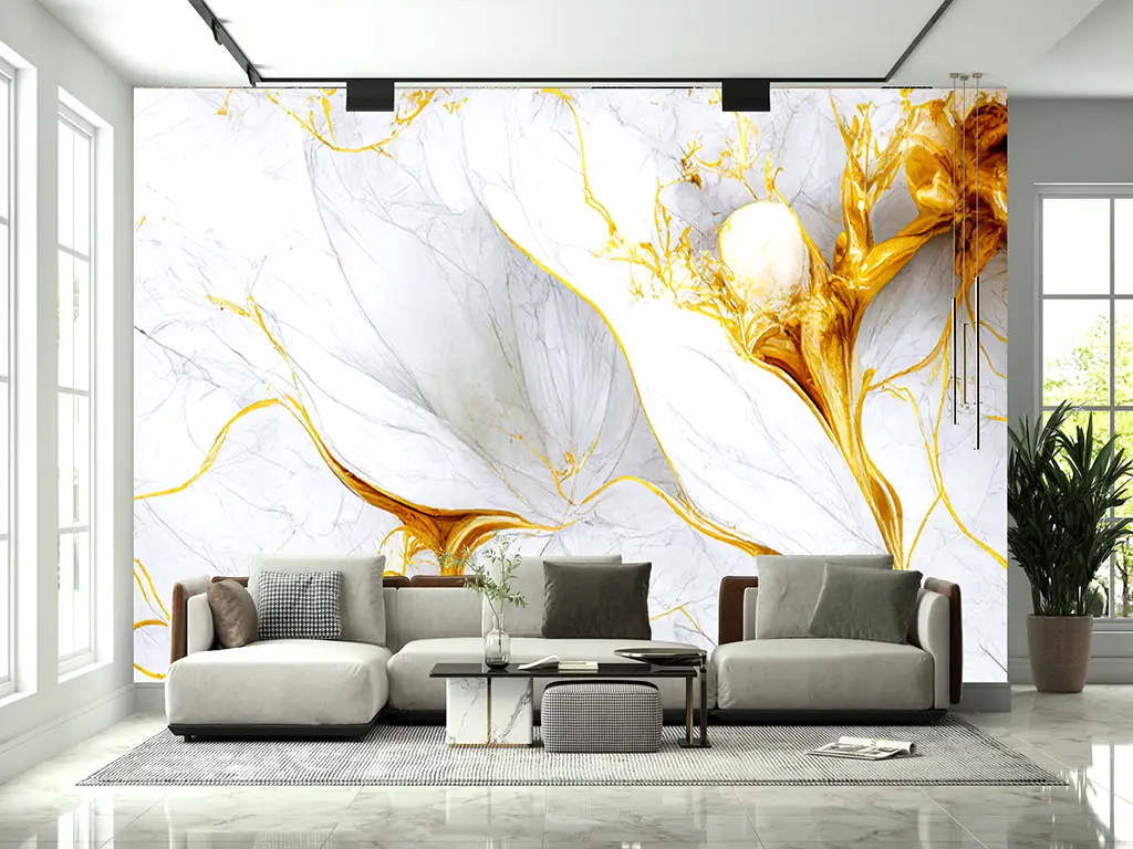 Fototapet cu model abstract Swirls of Liquid Marble, imitaţie marmură gri cu detalii bej aurii, 368x254cm