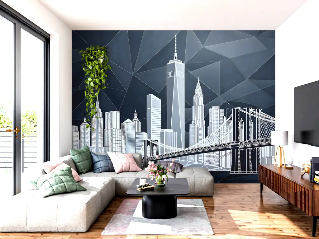 Fototapet peisaj urban, Manhattan Facets, design grafic în nuanțe de gri, vlies, 400x260 cm