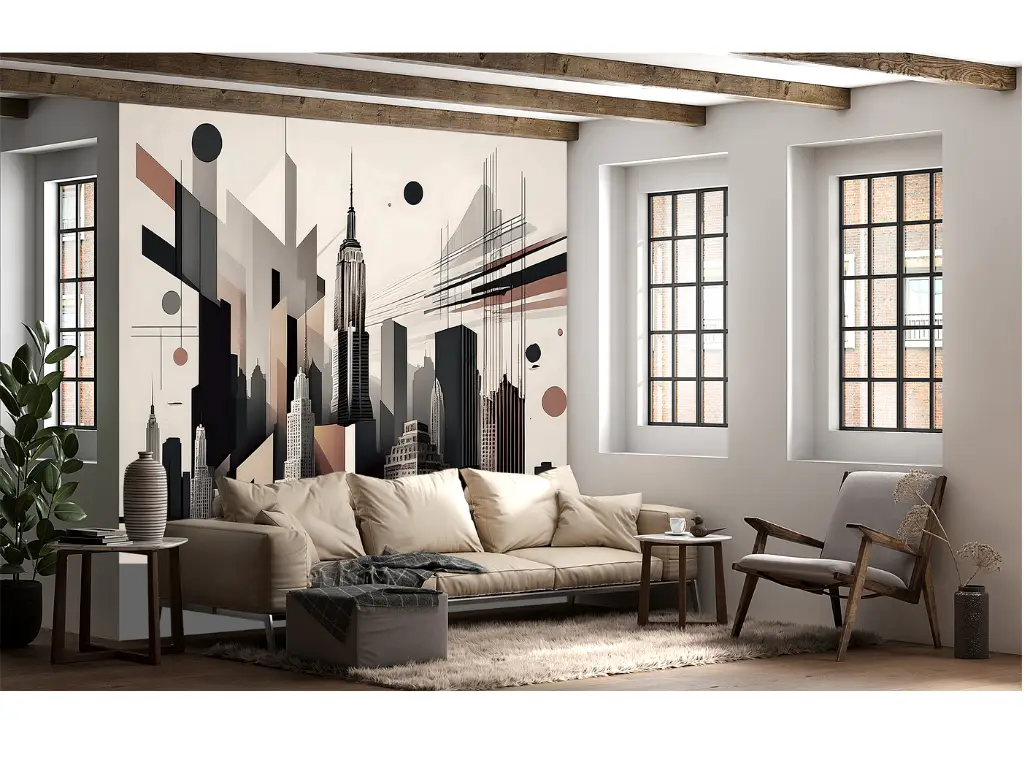 Fototapet peisaj urban, New York Cityscape, design grafic în nuanțe de maro, 416x254 cm