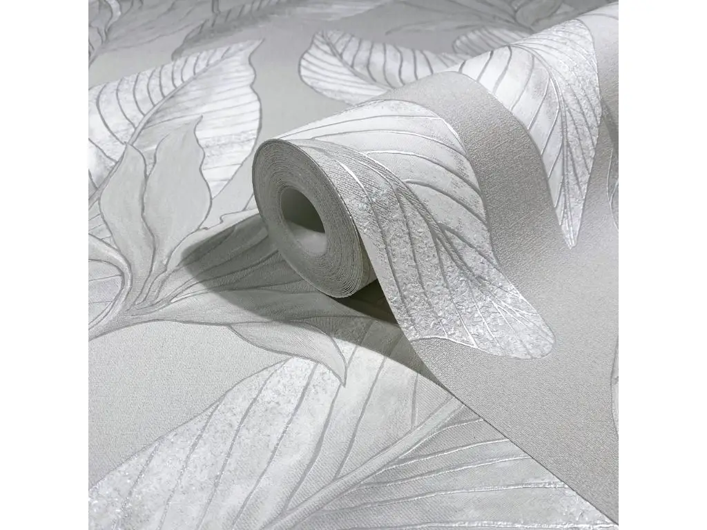Tapet premium Marburg Whisper 36463 - gri deschis cu frunze tropicale