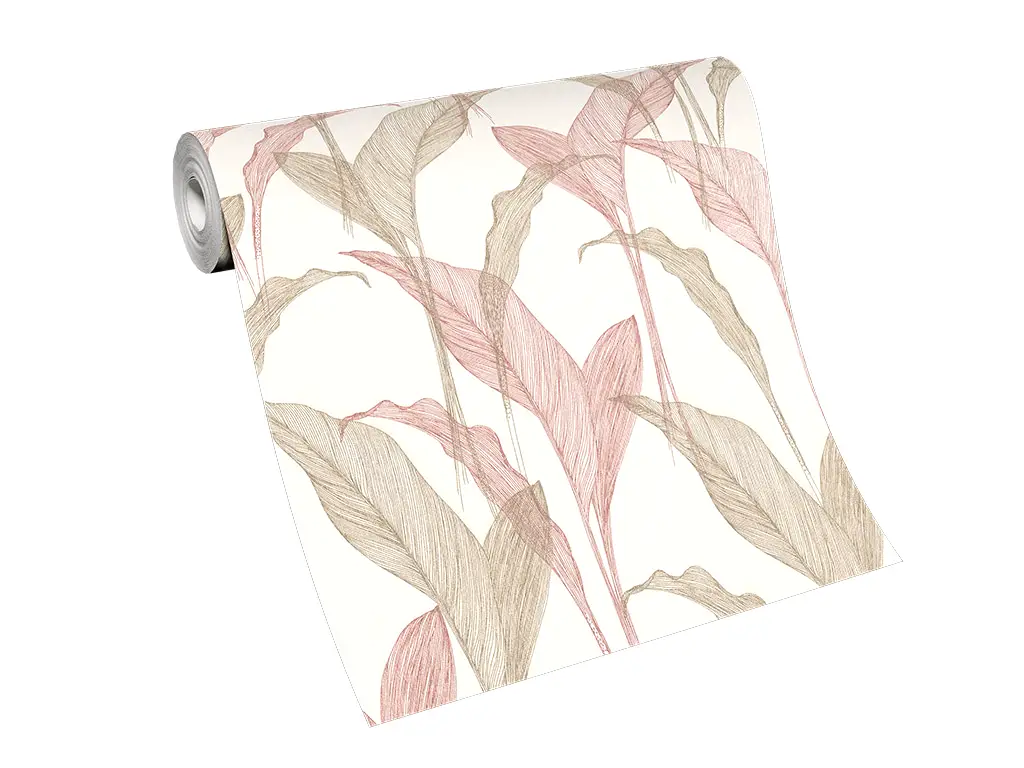 Tapet ivoire cu frunze bej şi roz, cu sclipici argintiu, Erismann Elle decoration, 1020705