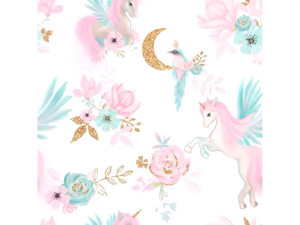 Fototapet cu unicorni roz, flori pastel și accente aurii – decor magic pentru camera fetițelor, vlies, dimensiuni personalizabile