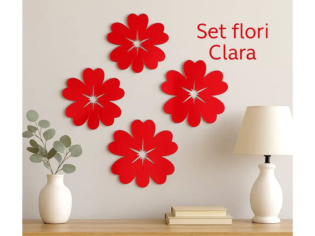 Set 5 flori Clara – Decorațiuni din oglindă acrilică roșie, 15 cm, grosime 3 mm