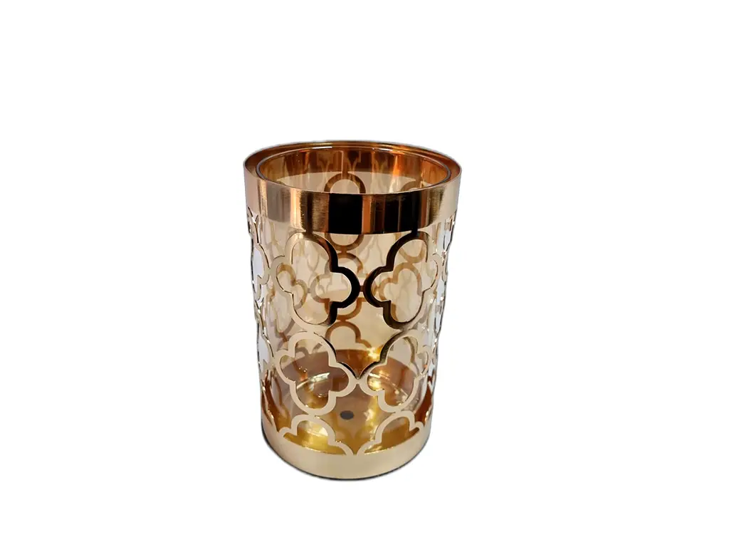 Vază decorativă din sticlă cu suport metalic auriu, pentru flori sau lumânări, 20 cm înălţime