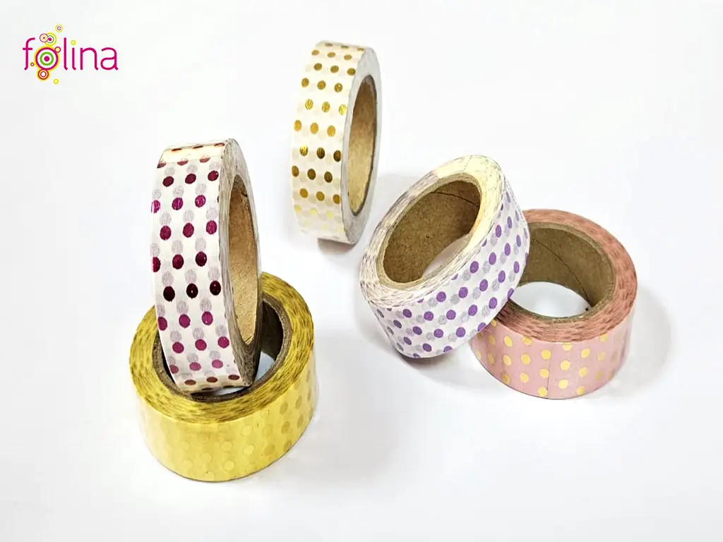 Set 5 role Washi tape, benzi autoadezive decorative cu buline colorate
