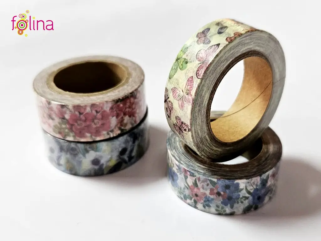 Set 4 role Washi Tape, benzi autoadezive decorative cu fluturi si flori