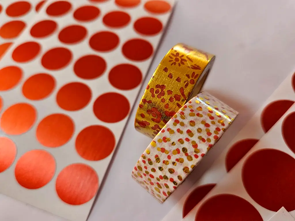 Buline autoadezive roşu cărămiziu metalic, 2 washi tape şi panglică textilă pentru ambalaj cadou, crafturi şi artizanat